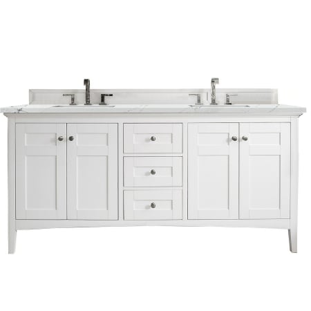 James Martin Vanities Palisades 72" Free Standing Double Basin Hardwood Vanity Set with 3 cm Ethereal Noctis Quartz Vanity Top, Rectangular Sinks, USB Port and Electrical Outlet Bright White