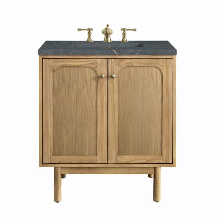 James Martin Vanities Laurent 30" Single Basin Wood Vanity Set with 3cm Parisien Bleu Silestone Quartz Vanity Top, Rectangular Sink, USB Port and Electrical Outlet Light Natural Oak