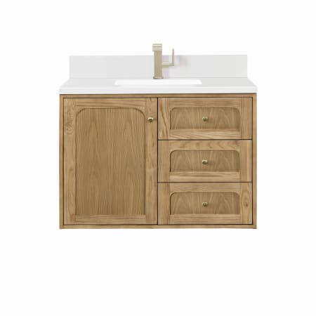 James Martin Vanities Laurent 36" Wall Mounted or Free Standing Single Basin Hardwood Vanity Set with 3cm Quartz Top, Rectangular Sink, USB Port(s), and Electrical Outlet(s) Light Natural Oak