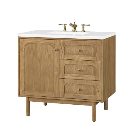 James Martin Vanities Laurent 36" Single Basin Wood Vanity Set with 3cm White Zeus Quartz Vanity Top, Rectangular Sink, USB Port and Electrical Outlet Light Natural Oak