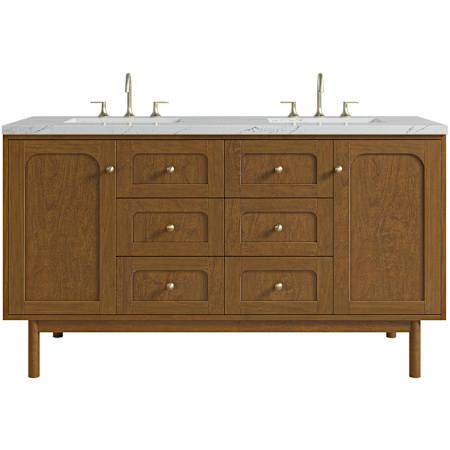 James Martin Vanities Laurent 60" Double Basin Poplar Wood Vanity Set with Stone Composite Top, Rectangular Sinks, USB Port(s), and Electrical Outlet(s) Honey Oak
