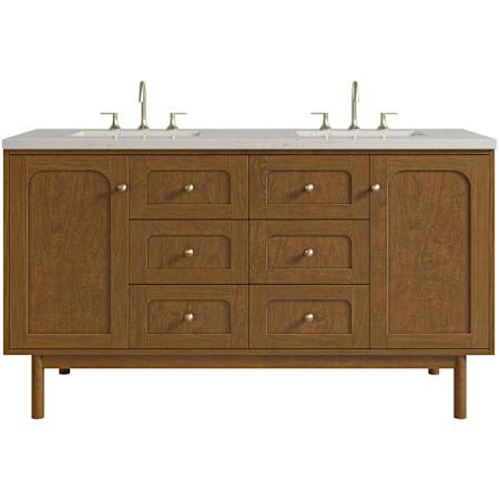 James Martin Vanities Laurent 60" Wall Mounted or Free Standing Double Basin Ash Wood Vanity Set with Stone Composite Top, Rectangular Sinks, USB Port(s), and Electrical Outlet(s) Honey Oak