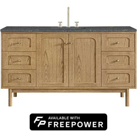 James Martin Vanities Laurent 60" Wall Mounted or Free Standing Single Basin Ash Wood Vanity Set with Parisien Bleu Silestone Top, Rectangular Sink, and Matching Mirror Light Natural Oak