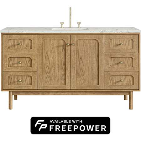 James Martin Vanities Laurent 60" Wall Mounted or Free Standing Single Basin Ash Wood Vanity Set with Victorian Silver Silestone Top, Rectangular Sink, and Matching Mirror Light Natural Oak