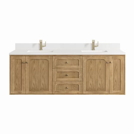 James Martin Vanities Laurent 72" Wall Mounted or Free Standing Double Basin Hardwood Vanity Set with 3cm Quartz Top, Rectangular Sinks, USB Port(s), and Electrical Outlet(s) Light Natural Oak