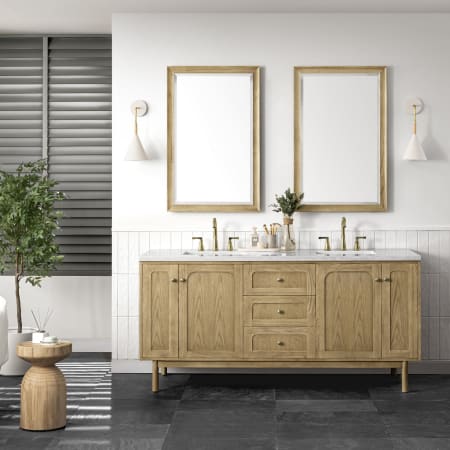 James Martin Vanities Laurent 72" Free Standing or Wall Mounted Double Basin Wood Vanity Set with 3cm Arctic Fall Solid Surface Vanity Top and Rectangular Sinks Light Natural Oak