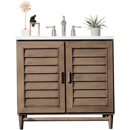 James Martin Vanities Portland 36" Free Standing Single Basin Vanity Set with Birch and Poplar Cabinet, and Eternal Jasmine Pearl Quartz Vanity Top Whitewashed Walnut