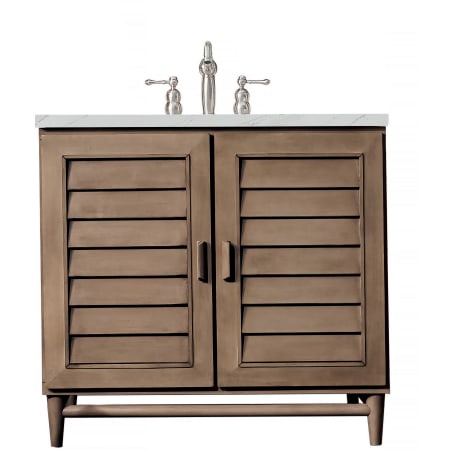 James Martin Vanities Portland 36" Free Standing Single Basin Hardwood Vanity Set with 3 cm Ethereal Noctis Quartz Vanity Top and Rectangular Sink Whitewashed Walnut