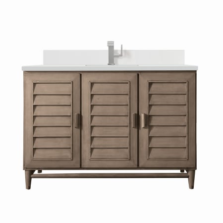 James Martin Vanities Portland 48" Single Basin Wood Vanity Set with 3cm White Zeus Silestone Quartz Vanity Top, Backsplash, Rectangular Sink, USB Port and Outlet Whitewashed Walnut