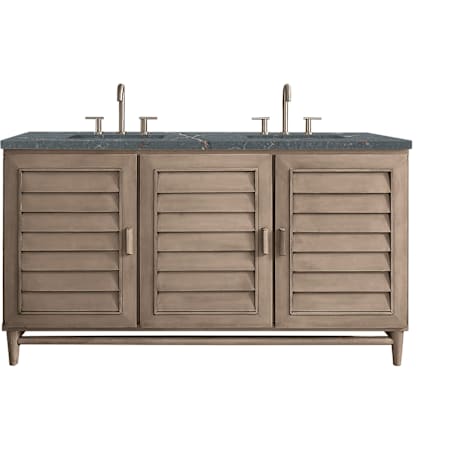 James Martin Vanities Portland 60" Free Standing Double Basin Birch Wood Vanity Set with Parisien Bleu Stone Composite Top, Rectangular Sinks, and FreePower Whitewashed Walnut
