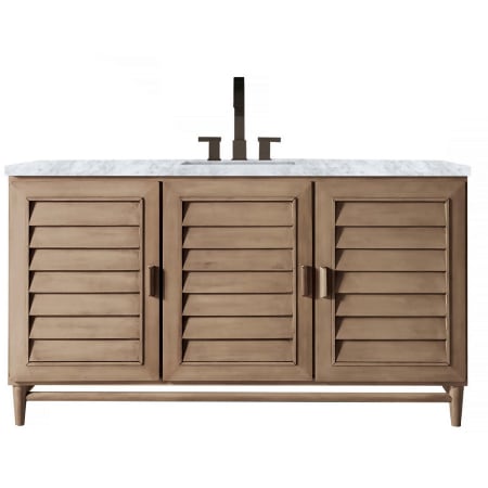 James Martin Vanities Portland 60" Free Standing Single Basin Vanity Set with Wood Cabinet and Carrara Marble Vanity Top Whitewashed Walnut