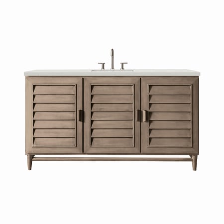 James Martin Vanities Portland 60" Single Basin Wood Vanity Set with 3cm Lime Delight Silestone Quartz Vanity Top, Rectangular Sink, USB Port and Electrical Outlet Whitewashed Walnut