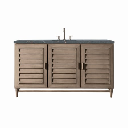 James Martin Vanities Portland 60" Single Basin Wood Vanity Set with 3cm Parisien Bleu Silestone Quartz Vanity Top, Rectangular Sink, USB Port and Electrical Outlet Whitewashed Walnut