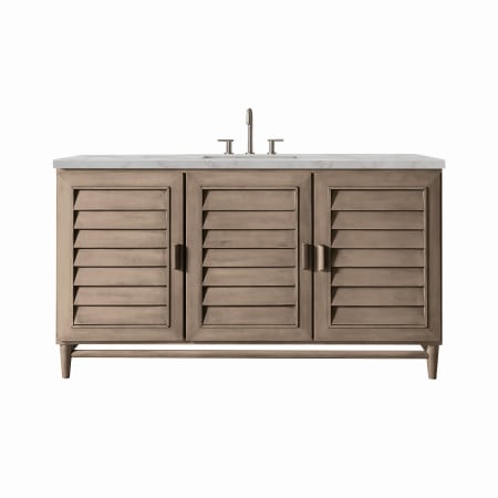 James Martin Vanities Portland 60" Single Basin Wood Vanity Set with 3cm Victorian Silver Silestone Quartz Vanity Top, Rectangular Sink, USB Port and Electrical Outlet Whitewashed Walnut