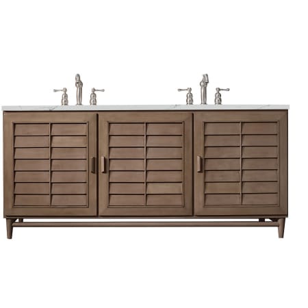 James Martin Vanities Portland 72" Free Standing Double Basin Hardwood Vanity Set with 3 cm Ethereal Noctis Quartz Vanity Top and Rectangular Sinks Whitewashed Walnut