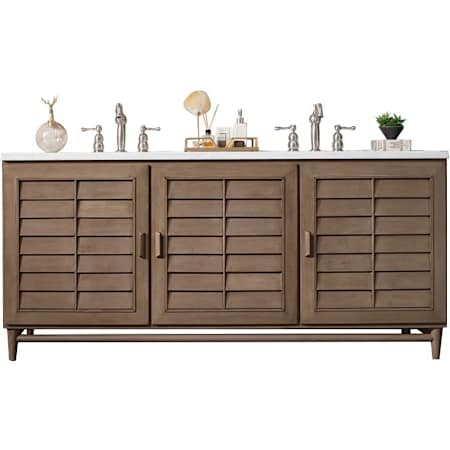 James Martin Vanities Portland 72" Free Standing Double Basin Birch Wood Vanity Set with Eternal Jasmine Pearl Stone Composite Top and Rectangular Sinks Whitewashed Walnut
