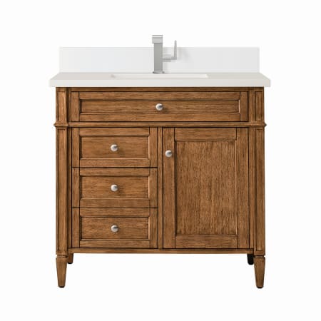 James Martin Vanities Brittany 36" Single Basin Poplar Wood Vanity Set with 3cm White Zeus Silestone Quartz Vanity Top, Backsplash and Rectangular Sink Saddle Brown