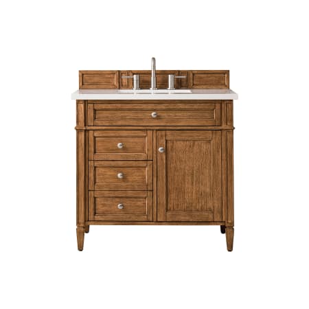 James Martin Vanities Brittany 36" Single Basin Poplar Wood Vanity Set with 3cm White Zeus Quartz Vanity Top and Rectangular Sink Saddle Brown