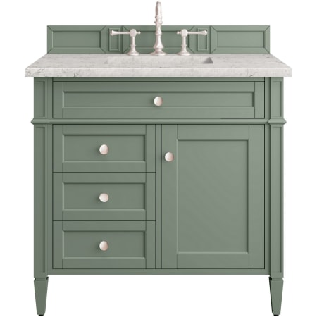 James Martin Vanities Brittany 36" Single Basin Poplar Wood Vanity Set with 3 cm Pearl Jasmine Quartz Vanity Top and Rectangular Sink Smokey Celadon