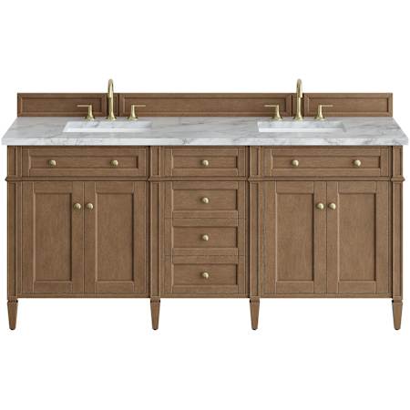 James Martin Vanities Brittany 72" Free Standing Double Basin Poplar Wood Vanity Set with Marble Top and Rectangular Sinks Pecan