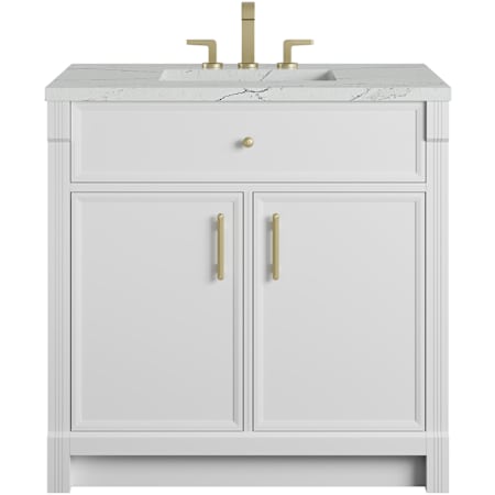 James Martin Vanities Bellshire 36" Free Standing Single Basin Poplar Wood Vanity Set with Stone Composite Top, Rectangular Sink, USB Port(s), and Electrical Outlet(s) Bright White
