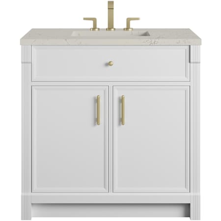 James Martin Vanities Bellshire 36" Free Standing Single Basin Poplar Wood Vanity Set with Stone Composite Top, Rectangular Sink, USB Port(s), and Electrical Outlet(s) Bright White