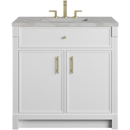 James Martin Vanities Bellshire 36" Free Standing Single Basin Poplar Wood Vanity Set with Stone Composite Top, Rectangular Sink, USB Port(s), and Electrical Outlet(s) Bright White