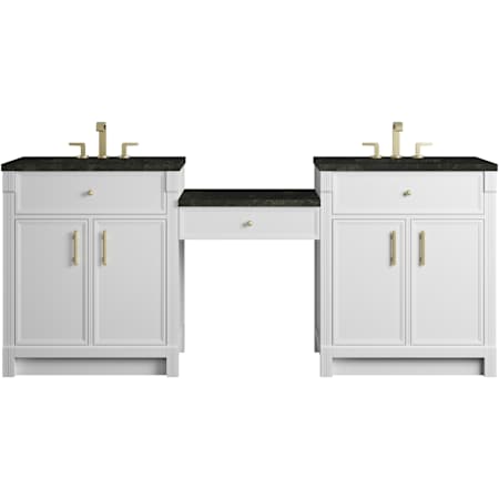 James Martin Vanities Bellshire 84" Dual Vanity Set with 24" Make-Up Counter, Honey Oak with 3 cm Phantome Eclos Top Bright White