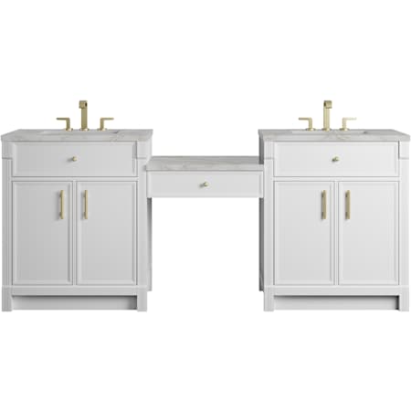 James Martin Vanities Bellshire 84" Dual Vanity Set with 24" Make-Up Counter, Honey Oak with 3 cm Victorian Silver Silestone Top Bright White