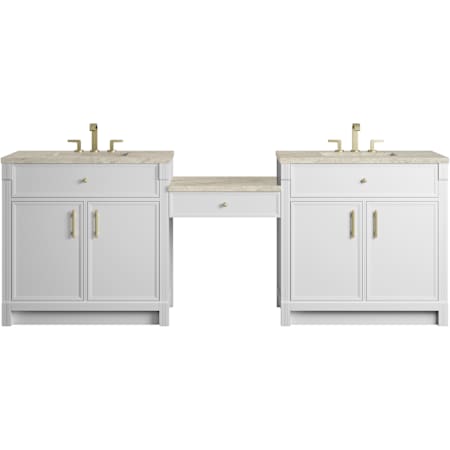 James Martin Vanities Bellshire 96" Dual Vanity Set with 24" Make-Up Counter, Bright White with 3 cm Tajnar Eclos Top Bright White