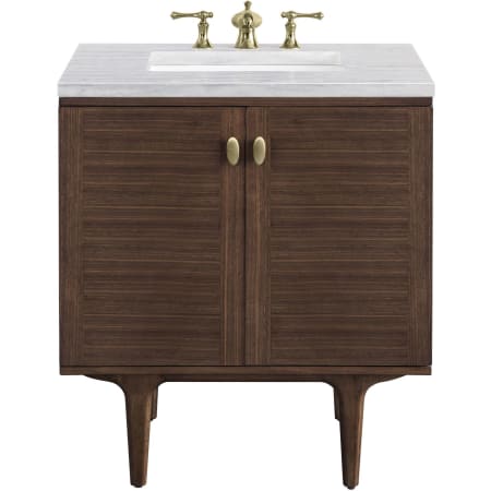 James Martin Vanities Amberly 30" Free Standing or Wall Mounted Single Basin Vanity Set with 3cm Arctic Fall Solid Surface Vanity Top and Rectangular Sink Mid-Century Walnut