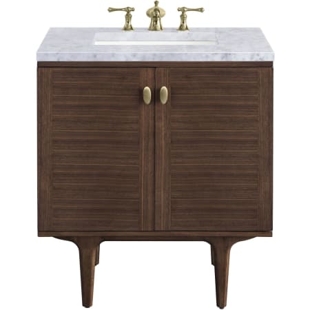 James Martin Vanities Amberly 30" Free Standing or Wall Mounted Single Basin Vanity Set with 3cm Carrara White Natural Stone Vanity Top and Rectangular Sink Mid-Century Walnut