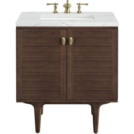 James Martin Vanities Amberly 30" Free Standing or Wall Mounted Single Basin Vanity Set with 3cm Ethereal Noctis Quartz Vanity Top and Rectangular Sink Mid-Century Walnut