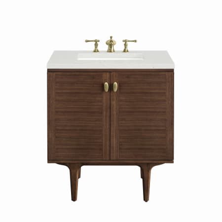 James Martin Vanities Amberly 30" Single Basin Wood Vanity Set with 3cm Lime Delight Silestone Quartz Vanity Top, Rectangular Sink, USB Port and Electrical Outlet Mid-Century Walnut