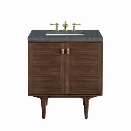 James Martin Vanities Amberly 30" Single Basin Wood Vanity Set with 3cm Parisien Bleu Silestone Quartz Vanity Top, Rectangular Sink, USB Port and Electrical Outlet Mid-Century Walnut
