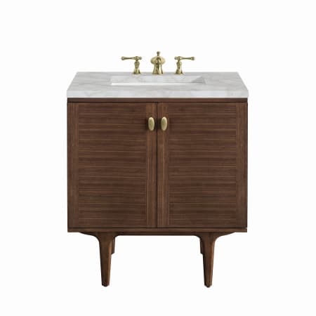 James Martin Vanities Amberly 30" Single Basin Wood Vanity Set with 3cm Victorian Silver Silestone Quartz Vanity Top, Rectangular Sink, USB Port and Electrical Outlet Mid-Century Walnut