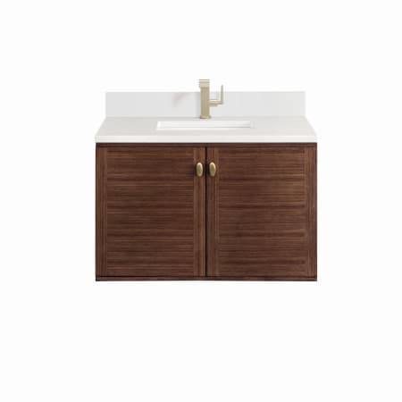 James Martin Vanities Amberly 36" Single Basin Wood Vanity Set with 3cm White Zeus Silestone Quartz Vanity Top, Backsplash, Rectangular Sink, USB Port and Outlet Mid-Century Walnut
