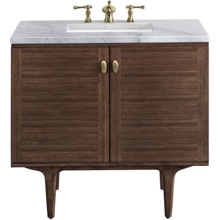 James Martin Vanities Amberly 36" Free Standing or Wall Mounted Single Basin Rubberwood Vanity Set with 3cm Carrara White Natural Stone Vanity Top and Rectangular Sink Mid-Century Walnut