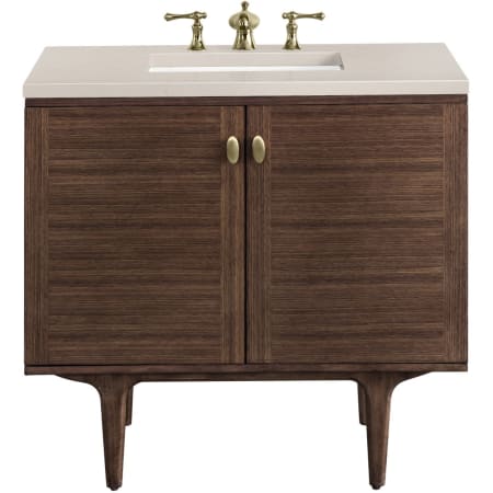 James Martin Vanities Amberly 36" Free Standing or Wall Mounted Single Basin Rubberwood Vanity Set with 3cm Eternal Marfil Quartz Vanity Top and Rectangular Sink Mid-Century Walnut