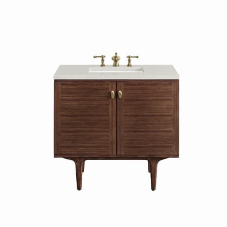 James Martin Vanities Amberly 36" Single Basin Wood Vanity Set with 3cm Lime Delight Silestone Quartz Vanity Top, Rectangular Sink, USB Port and Electrical Outlet Mid-Century Walnut