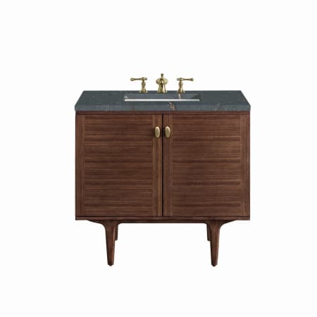 James Martin Vanities Amberly 36" Single Basin Wood Vanity Set with 3cm Parisien Bleu Silestone Quartz Vanity Top, Rectangular Sink, USB Port and Electrical Outlet Mid-Century Walnut