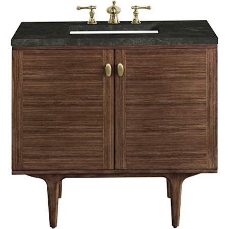 James Martin Vanities Amberly 36" Wall Mounted or Free Standing Single Basin Rubberwood Vanity Set with Solid Surface Top, Rectangular Sink, USB Port(s), and Electrical Outlet(s) Mid-Century Walnut