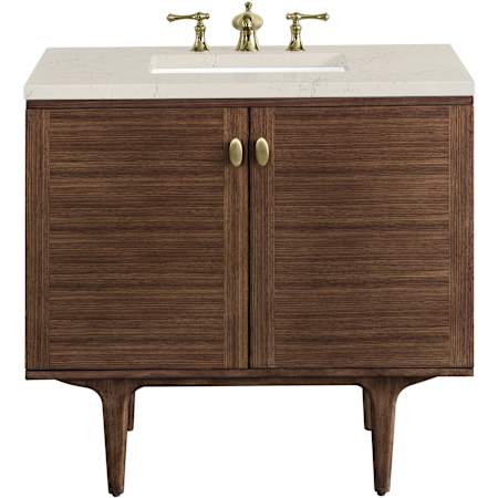 James Martin Vanities Amberly 36" Wall Mounted or Free Standing Single Basin Rubberwood Vanity Set with Stone Composite Top, Rectangular Sink, USB Port(s), and Electrical Outlet(s) Mid-Century Walnut