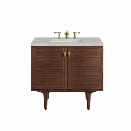 James Martin Vanities Amberly 36" Single Basin Wood Vanity Set with 3cm Victorian Silver Silestone Quartz Vanity Top, Rectangular Sink, USB Port and Electrical Outlet Mid-Century Walnut
