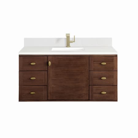James Martin Vanities Amberly 48" Single Basin Wood Vanity Set with 3cm White Zeus Silestone Quartz Vanity Top, Backsplash, Rectangular Sink, USB Port and Outlet Mid-Century Walnut
