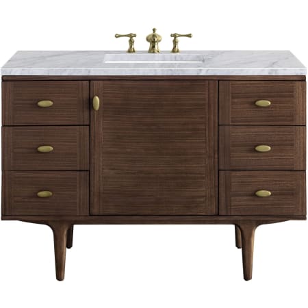 James Martin Vanities Amberly 48" Free Standing or Wall Mounted Single Basin Vanity Set with 3cm Carrara White Natural Stone Vanity Top and Rectangular Sink Mid-Century Walnut