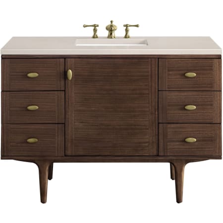 James Martin Vanities Amberly 48" Free Standing or Wall Mounted Single Basin Rubberwood Vanity Set with 3cm Eternal Marfil Quartz Vanity Top and Rectangular Sink Mid-Century Walnut