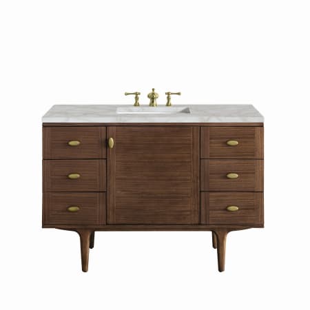 James Martin Vanities Amberly 48" Single Basin Wood Vanity Set with 3cm Victorian Silver Silestone Quartz Vanity Top, Rectangular Sink, USB Port and Electrical Outlet Mid-Century Walnut