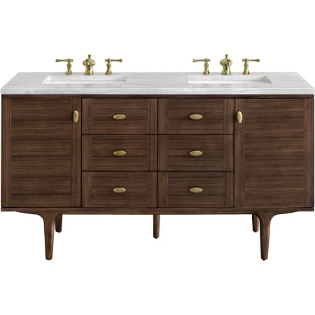 James Martin Vanities Amberly 60" Free Standing or Wall Mounted Double Basin Rubberwood Vanity Set with 3cm Arctic Fall Solid Surface Vanity Top and Rectangular Sinks Mid-Century Walnut
