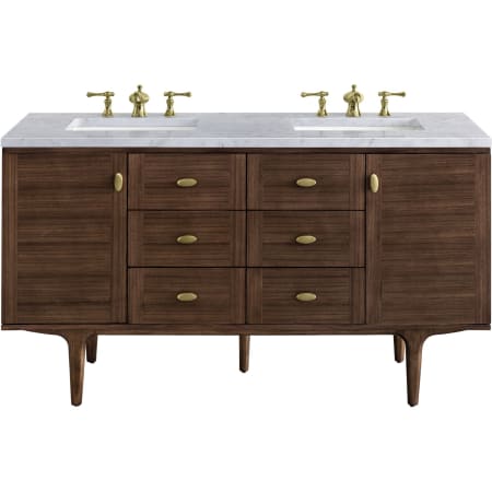 James Martin Vanities Amberly 60" Free Standing or Wall Mounted Double Basin Rubberwood Vanity Set with 3cm Carrara White Natural Stone Vanity Top and Rectangular Sinks Mid-Century Walnut